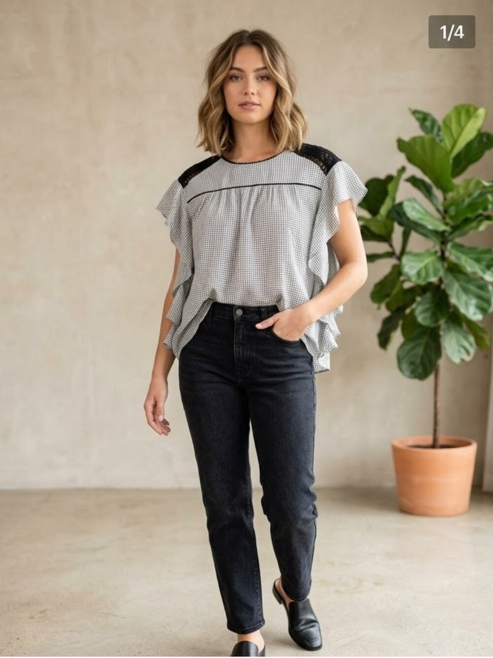 An’ge Paris Flowy Grid Plaid Ruffle Blouse | One Size Fits Most TU OS